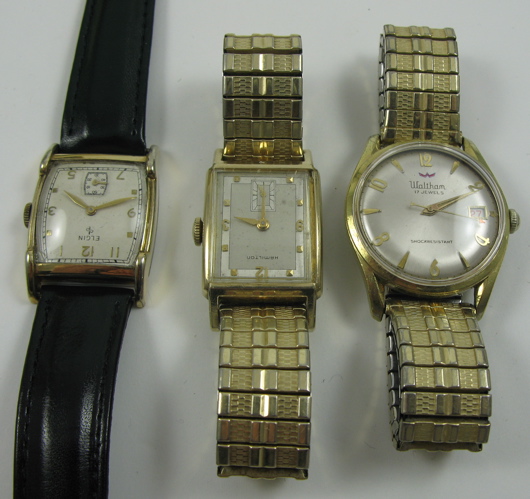 Appraisal: THREE MEN'S VINTAGE WRISTWATCHES Hamilton rectangular Sherman with caliber jewel