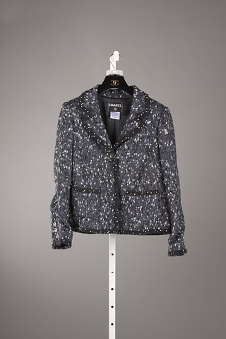 Appraisal: Chanel blue black white nubby wool jacket with signature trim