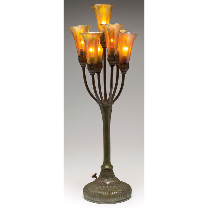 Appraisal: Fine and unusual Tiffany Studios table lamp seven-light lily bronze