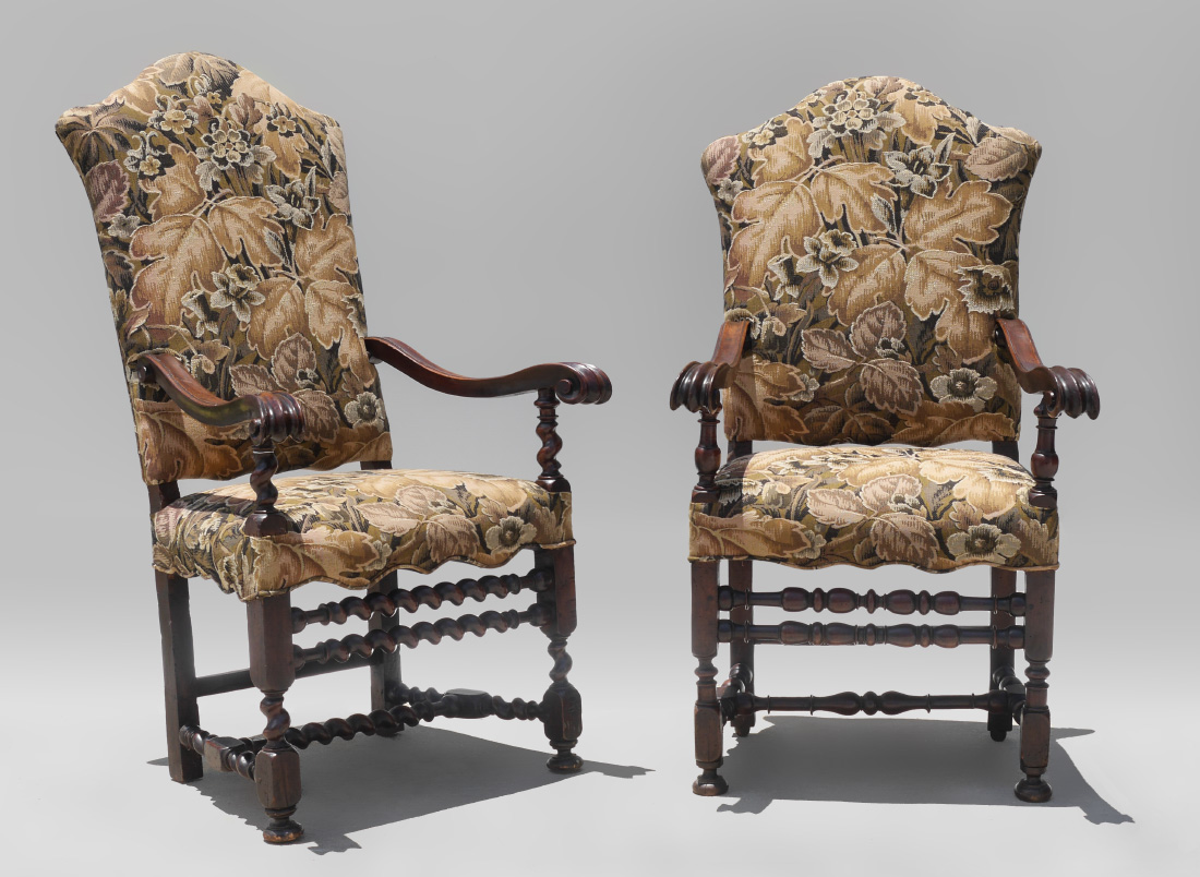 Appraisal: ITALIAN WALNUT ARM CHAIRS His and hers similar but not