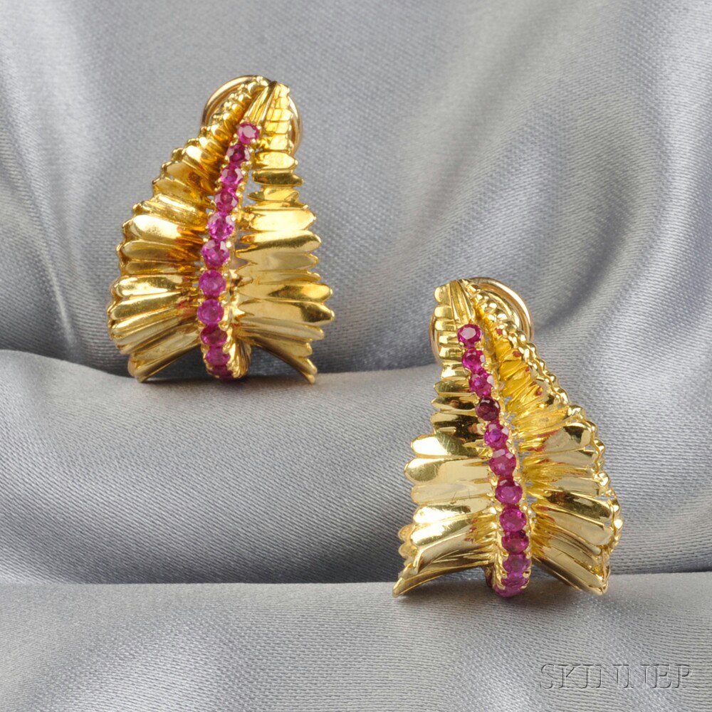 Appraisal: kt Gold and Ruby Earclips Tiffany Co Italy each crimped