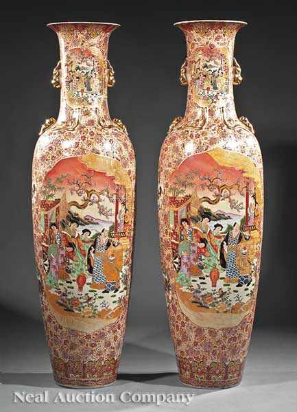 Appraisal: A Pair of Massive Japanese Satsuma-Style Polychrome and Gilt Decorated