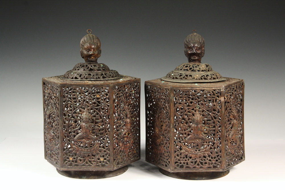 Appraisal: PAIR OF ANGLO-INDIAN LANTERNS - Pierced and Repoussed Copper Six-Sided