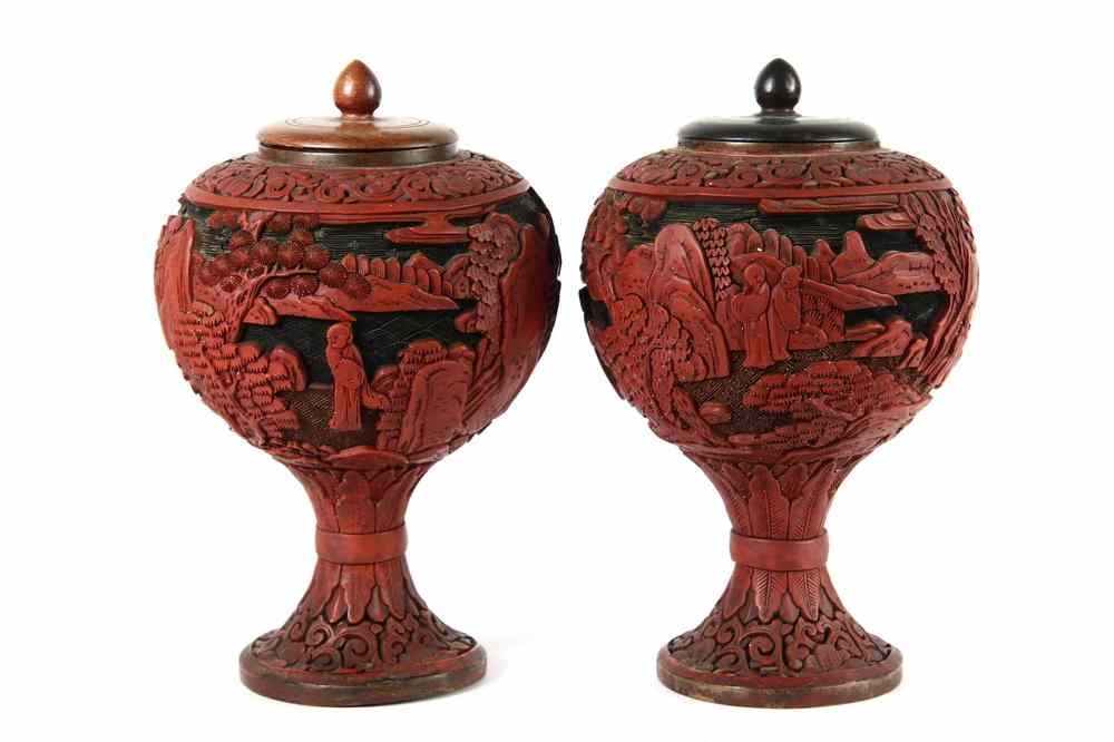 Appraisal: PAIR EARLY CHINESE CINNABAR URNS - Carved Cinnabar over Brass