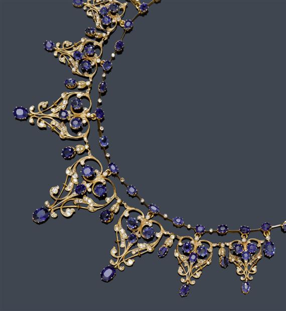 Appraisal: SAPPHIRE AND DIAMOND NECKLACE ca Pink gold Very decorative necklace