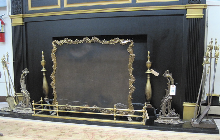 Appraisal: FIFTEEN BRASS FIREPLACE HEARTH ACCESSORIES fire screen pair of chenets