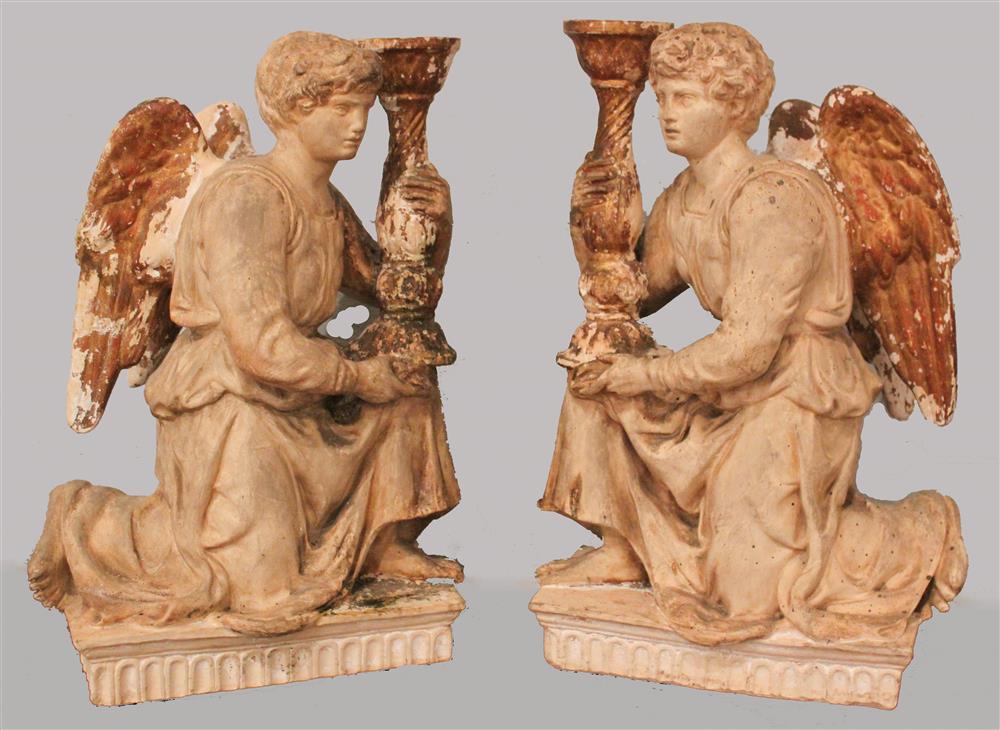 Appraisal: PAIR PLASTER FIGURAL KNEELING ANGELS HOLDING CANDLESTICKS each with a