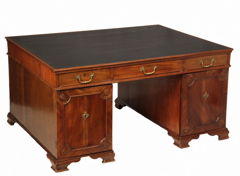 Appraisal: PARTNER'S DESK - th c Mahogany Tooled Leather Top Double