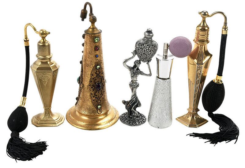 Appraisal: Five Mixed Metal Atomizers and Perfume one gilt and jeweled