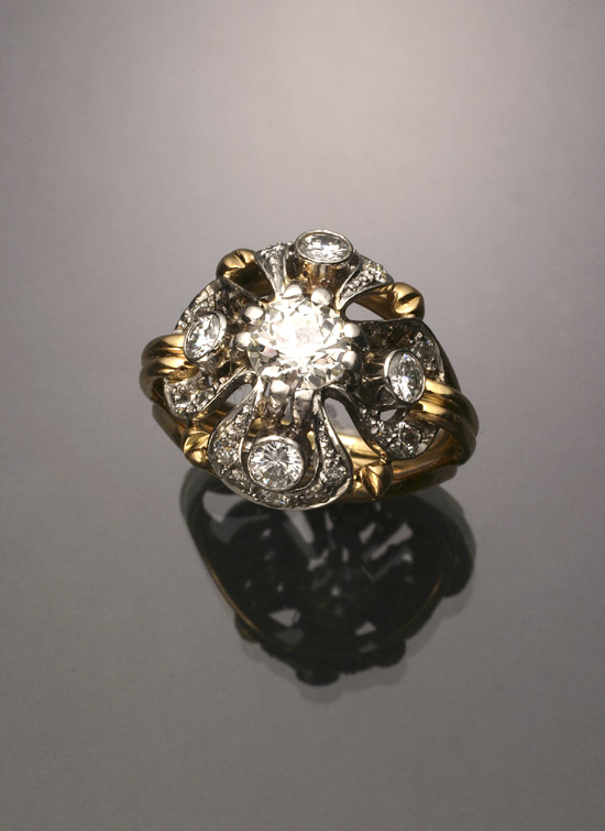 Appraisal: French Hallmarked -Karat Yellow and White-Gold and Diamond Dinner Ring