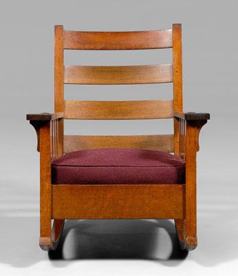 Appraisal: Gustav Stickley rocking chair oak throughout rear rail with red