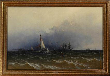 Appraisal: JAMES HAMILTON SHIPS AT SEA Oil on canvas x in