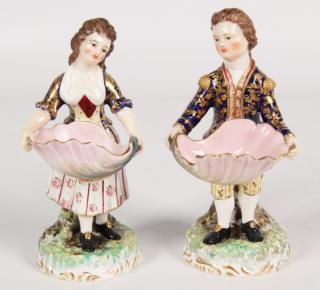 Appraisal: PAIR OF ENGLISH DERBY PORCELAIN MASTER SALTS HAVING WELL COSTUMED