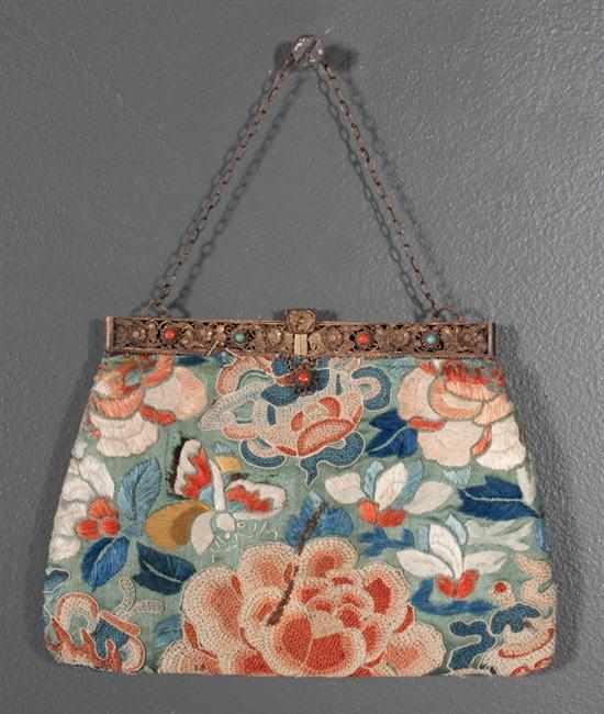 Appraisal: Lady's embroidered silk purse decorated with a reticulated gilt metal