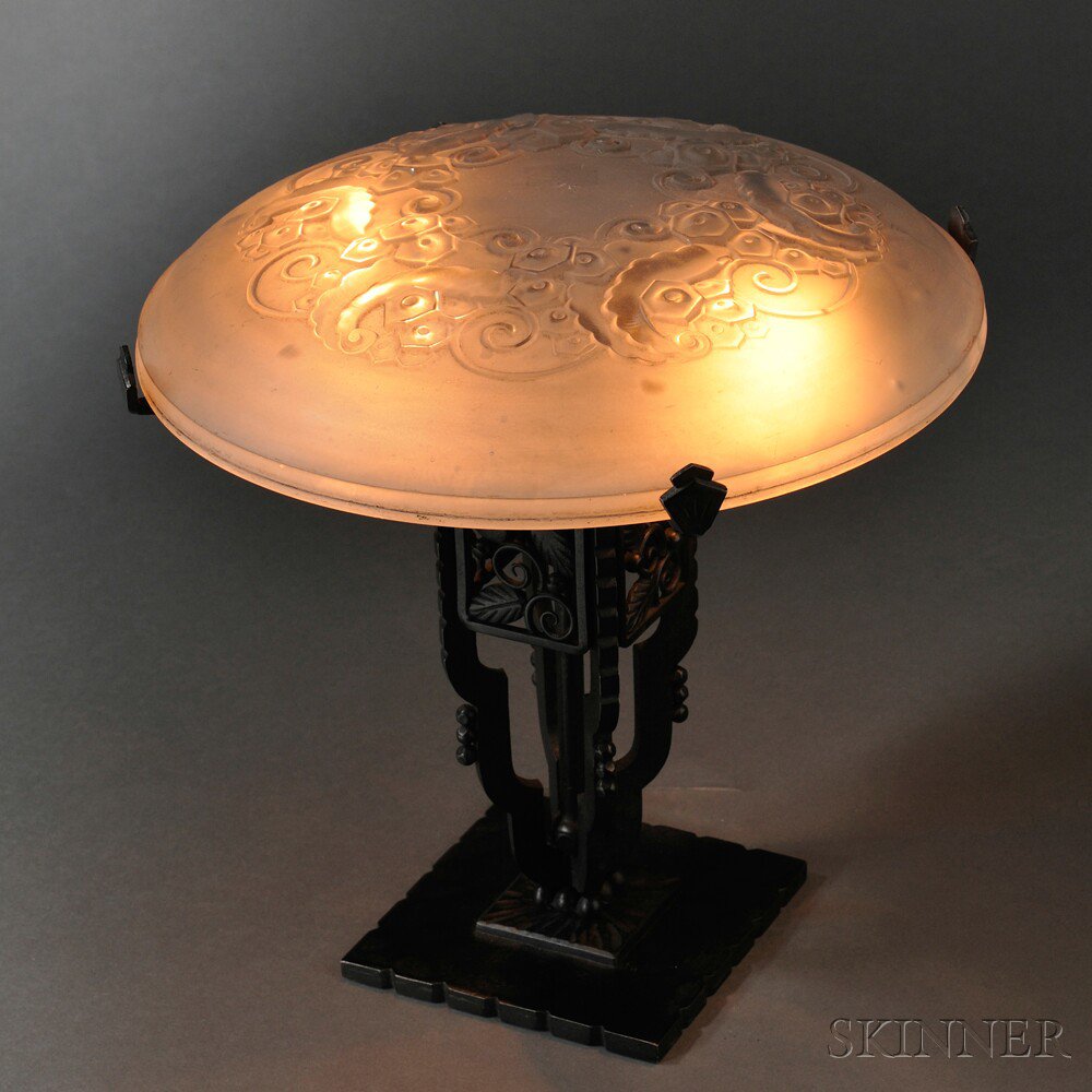 Appraisal: Muller Freres Table Lamp Art glass iron France c Circular