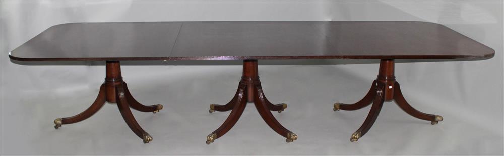 Appraisal: REGENCY STYLE BENCH MADE THREE PEDESTAL MAHOGANY DINING TABLE the