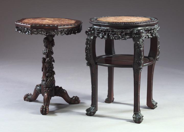 Appraisal: Asian Marble-Top Rosewood Circular Table with a circular beaded scalloped