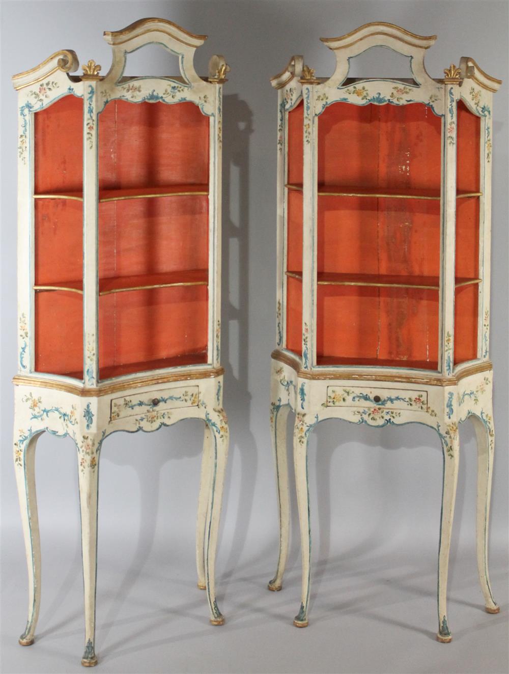 Appraisal: PAIR OF ITALIAN PAINTED ETAGERE DISPLAY CABINETS cream painted base