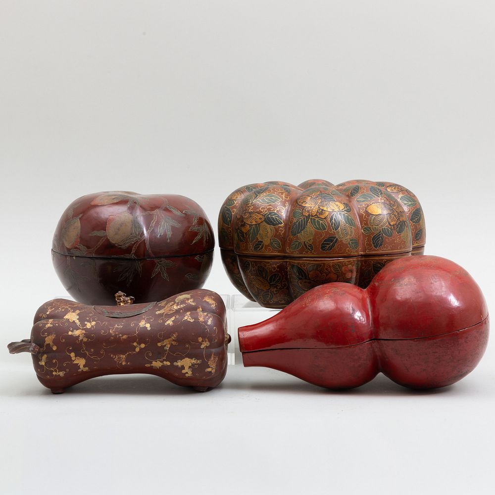 Appraisal: Three Chinese Lacquer Boxes and a Lacquered Metal Gourd Form