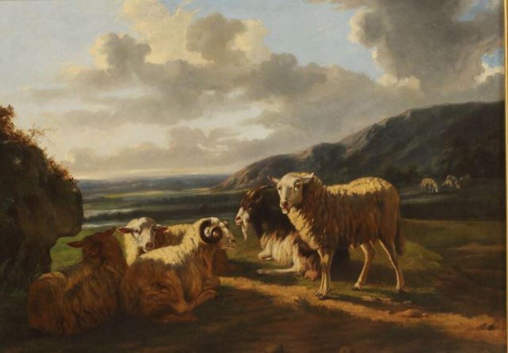 Appraisal: Framed oil on canvas painting Landscape with Sheep and Goat