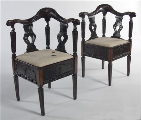 Appraisal: A pair of late th century stained mahogany corner chairs