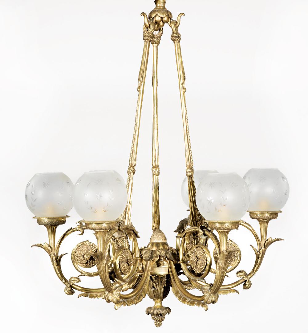 Appraisal: English Gilt Bronze Six-Light Chandelier th c tasseled supports foliate