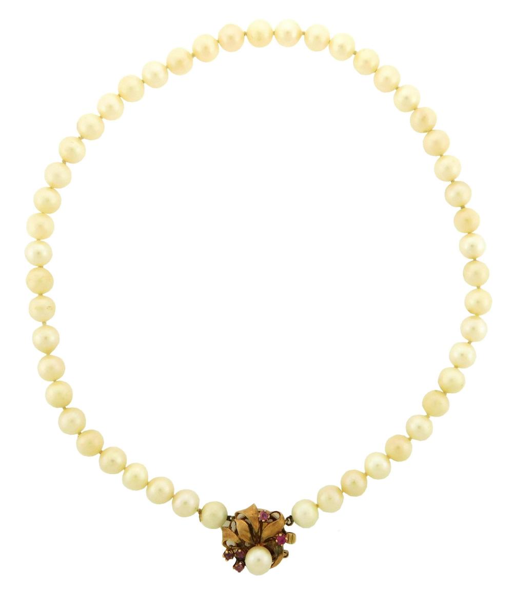 Appraisal: JEWELRY Cultured pearl necklace with K ruby clasp necklace contains