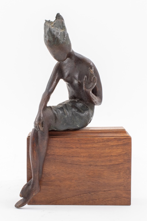 Appraisal: ILLEGIBLY SIGNED WOMAN SMOKING MODERN BRONZE Modern abstracted bronze statue