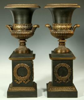 Appraisal: A PAIR OF TH C PATINATED SPELTER CAMPAGNA FORM URNS