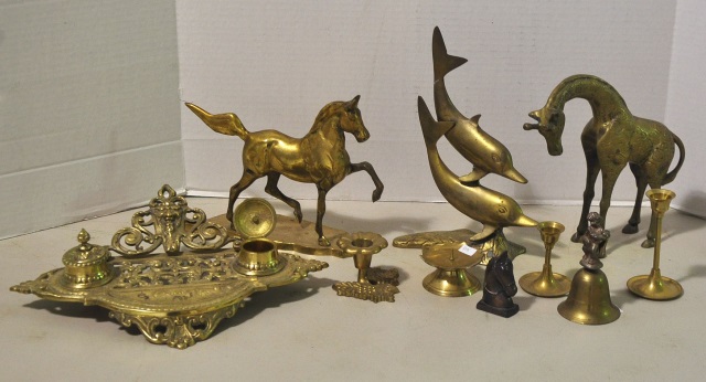 Appraisal: Bx BrasswareIncluding a double inkwell L Also including animal figurines