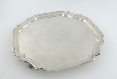 Appraisal: A modern salver with stepped shaped border with central inscription