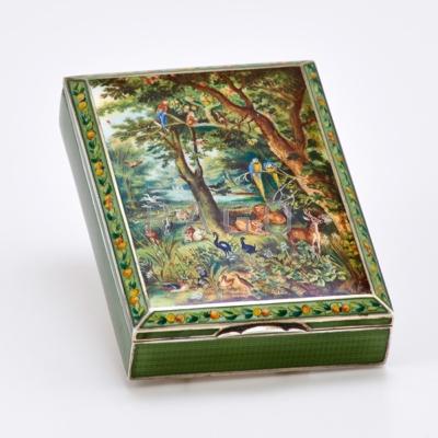 Appraisal: SUPERB PEACEABLE KINGDOM ENAMELED SILVER BOX Rectangular hinged lid with