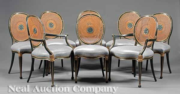 Appraisal: A Set of Eight Painted and Caned Dining Chairs in