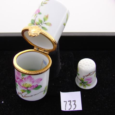 Appraisal: Limoges etui with matching thimble inside pink floral decorations