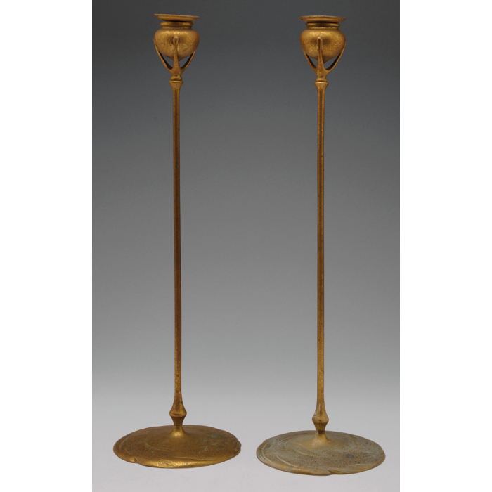 Appraisal: Tiffany Studios candlesticks pair large forms bronze with three buttresses