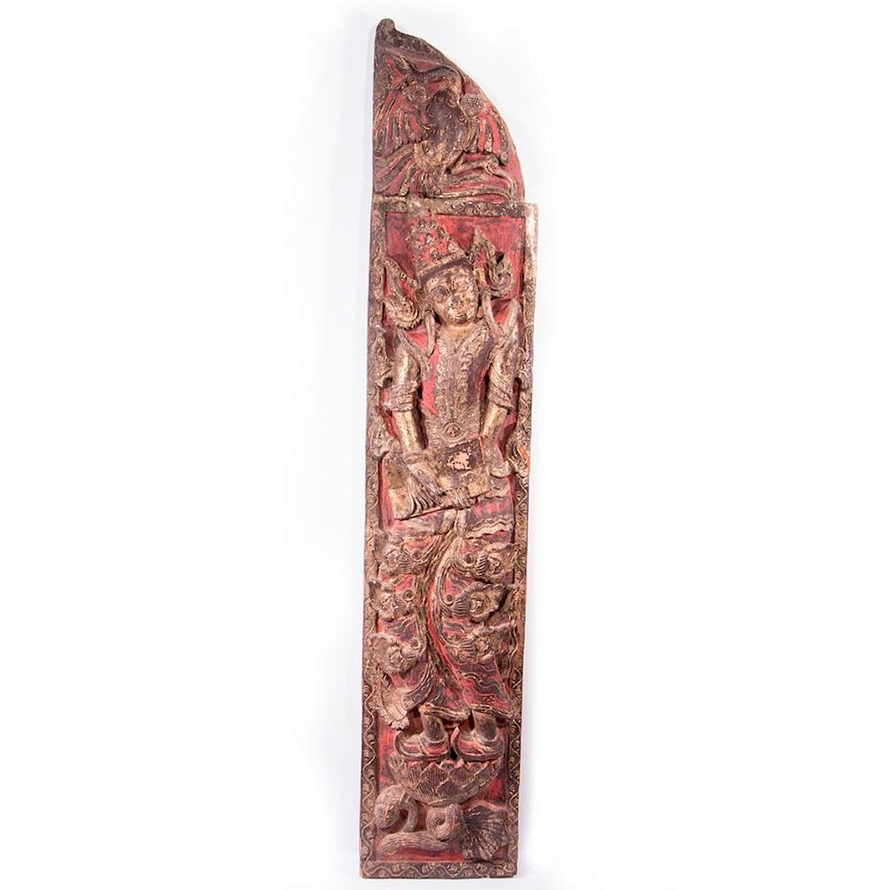 Appraisal: Carved wood Indonesian panel A large carved wood thcentury Indonesian