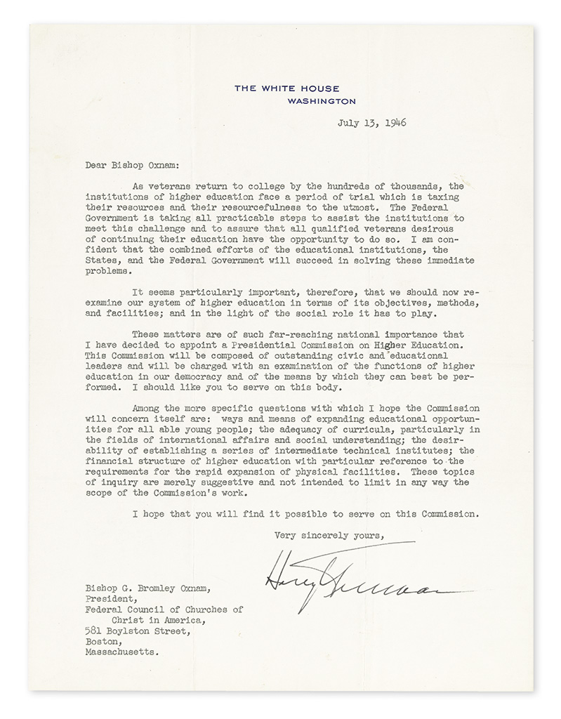 Appraisal: REFORMING HIGHER EDUCATION TRUMAN HARRY S Typed Letter Signed as