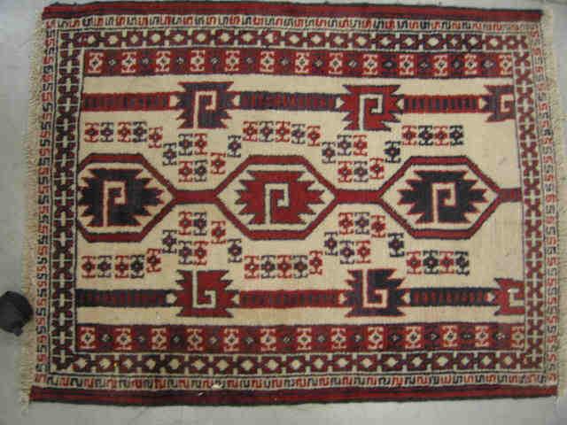 Appraisal: Turkaman Persian Handmade Mat geometrics on ivory field ' x