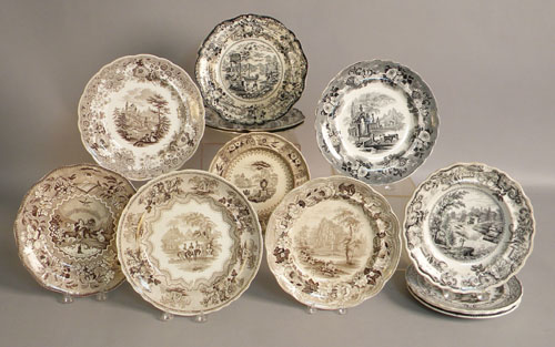 Appraisal: Thirteen Staffordshire plates with sepia and grisaille transfer decoration largest