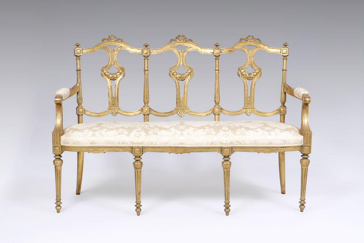 Appraisal: LOUIS XVI CARVED GILTWOOD CANAPE SETTEE Carved giltwood frame triple