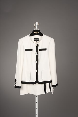 Appraisal: Rena Lange white wool skirt suit with black trim Size