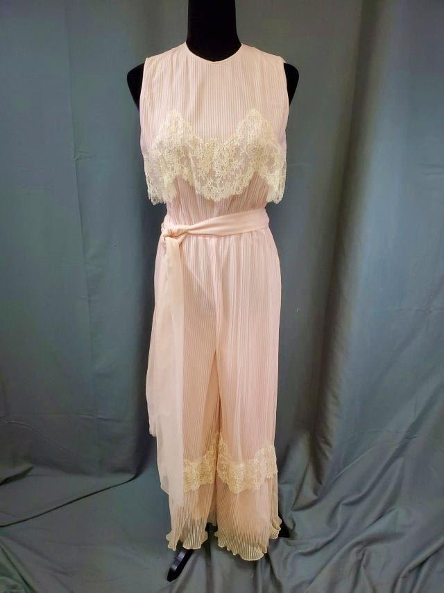 Appraisal: Vintage sleeveless pleated pink chiffon one-piece pajamas with off-white lace