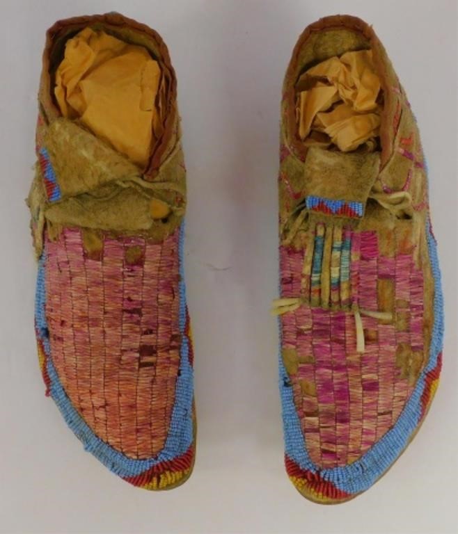 Appraisal: EARLY TH CENTURY PAIR OF SIOUX QUILL AND BEADEDmoccasins with