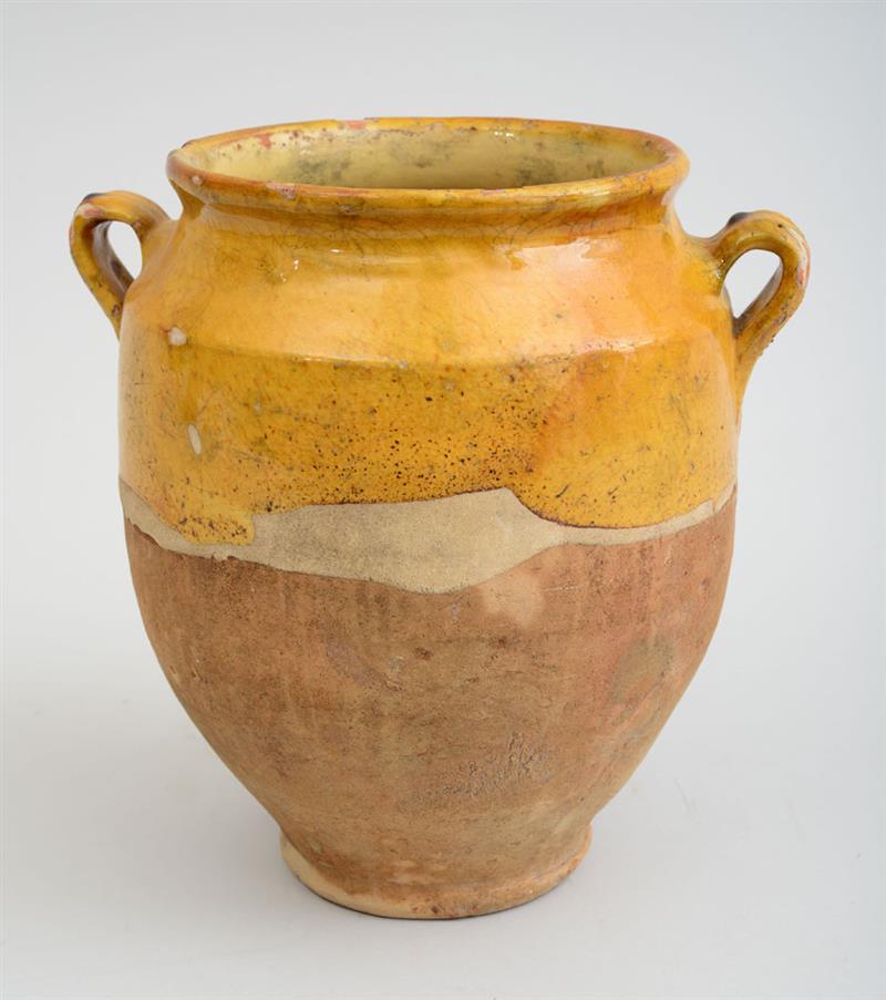 Appraisal: FRENCH YELLOW-GLAZED TERRACOTTA TWO-HANDLED POT With an everted rim above