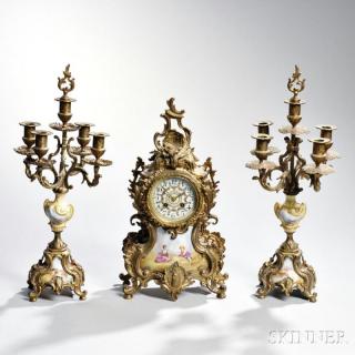 Appraisal: Three-piece Louis XV-style Cast Gilt-metal and Ceramic Garniture France th