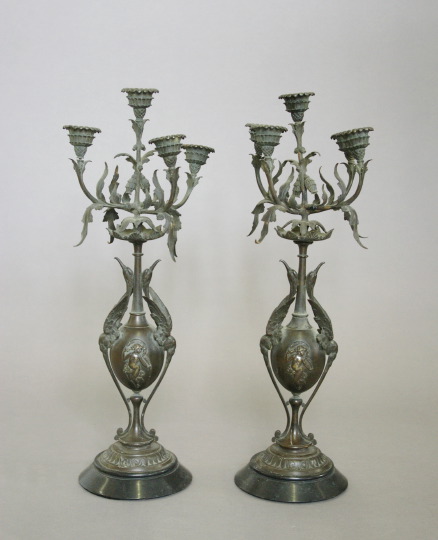 Appraisal: Attractive Pair of French Patinated Bronze and Satin-Polished Five-Light Candelabra