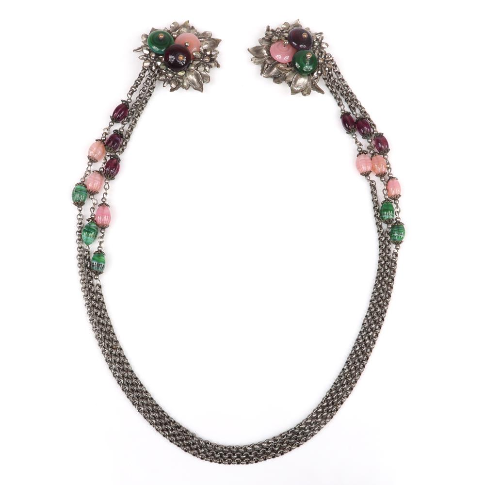 Appraisal: UNSIGNED MIRIAM HASKELL SILVER TONE CHATELAINE WITH PINK GREEN AND