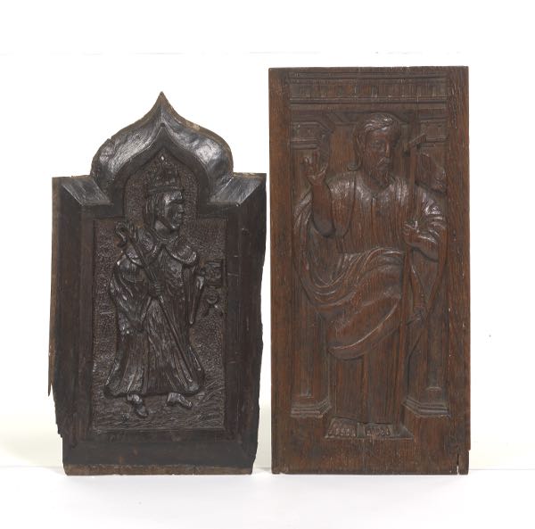 Appraisal: TWO CARVED OAK GOTHIC STYLE RELIGIOUS PANELS One a shaped