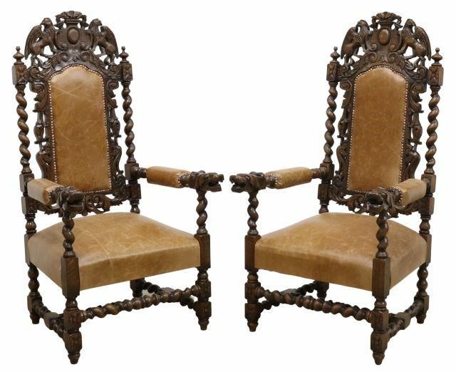 Appraisal: pair Henri II style oak armchairs early th c richly