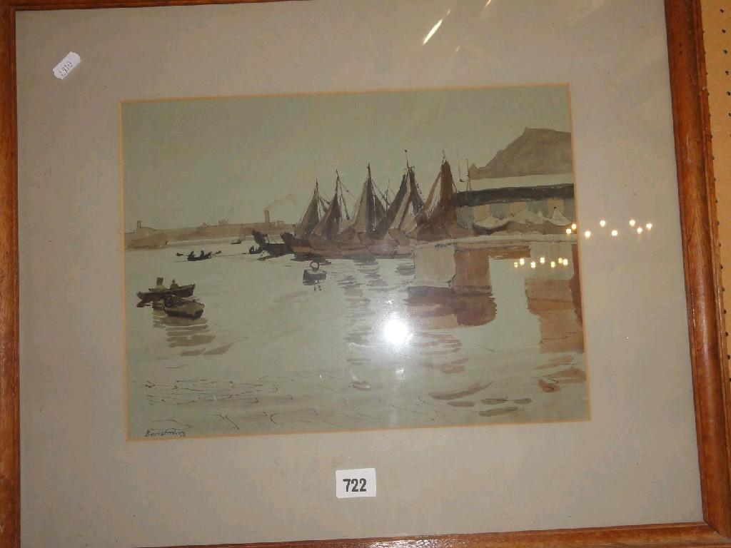 Appraisal: A monochrome watercolour of a harbour scene with moored fishing